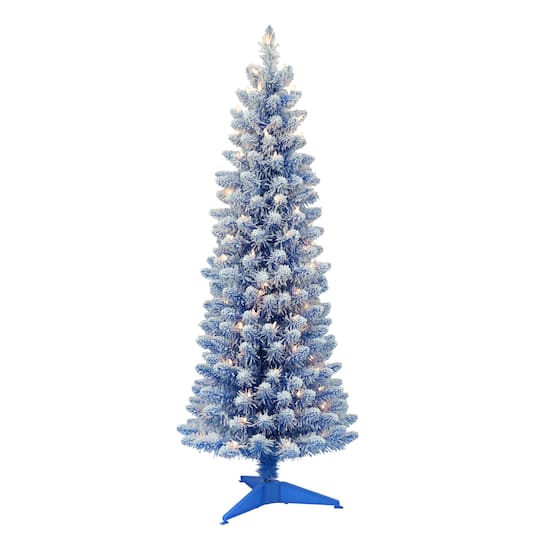 6 Pack: 4.5Ft Pre-Lit Flocked Fashion Blue Pencil Artificial Christmas Tree, Clear Lights By Puleo International | 4.5 ft | Michaels®